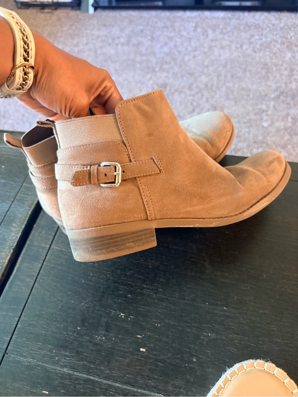 Old Navy Tan Suede Ankle Booties with Buckle Strap